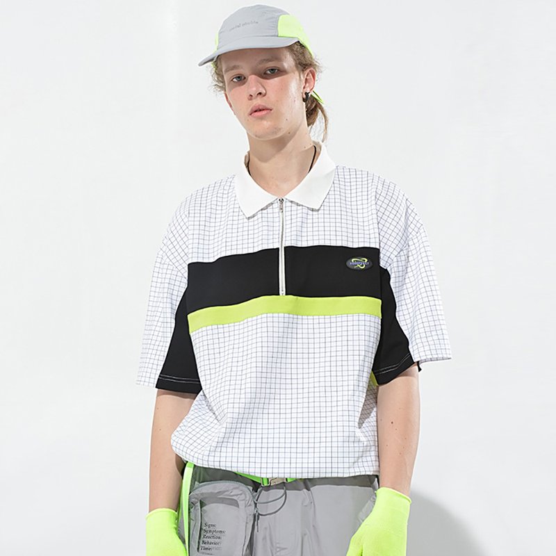 SIDEEFFECT POLO SHIRT 復古格子拼接款寬松POLO衫短袖T恤 - 男 T 恤 - 棉．麻 白色