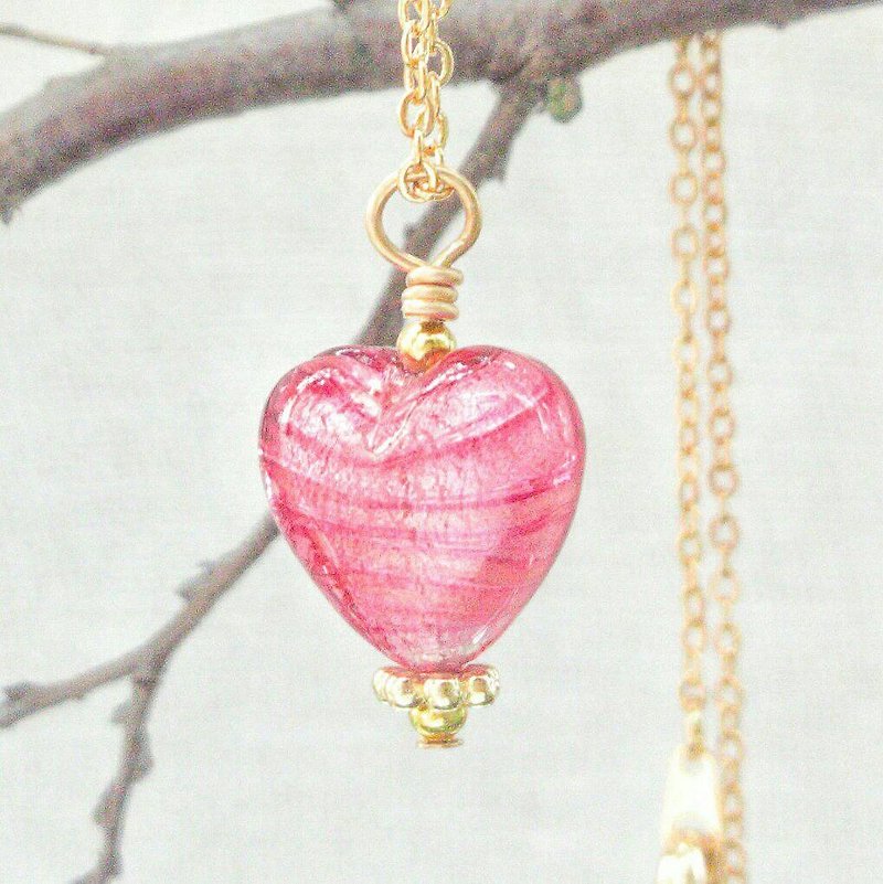 Glass Necklaces Pink - |Venetian Glass Beads| Pink Silver Foil Murano Glass Heart Bead Necklace