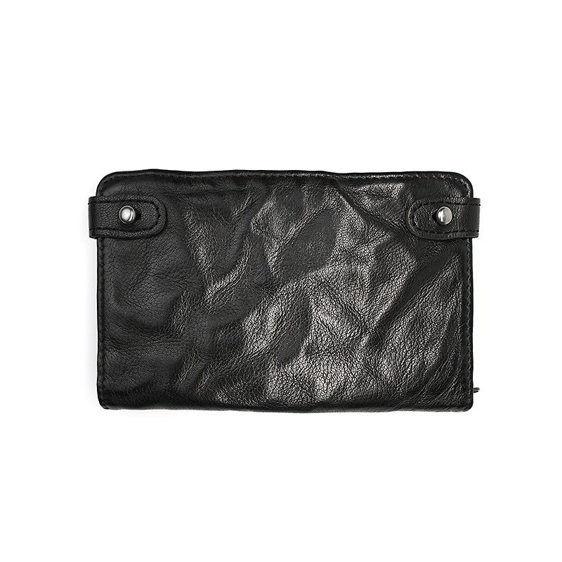Leather Leather Folding Wallet Rivet Pioneer Card Pack YKK Zipper Short Wallet (Spot) - กระเป๋าสตางค์ - หนังแท้ สีดำ