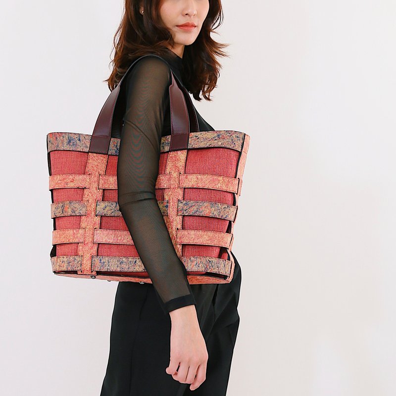 Ecobag, Tote bag, Recycled leather with local handwoven cotton Thai fabric - 手提包/手提袋 - 環保材質 紅色