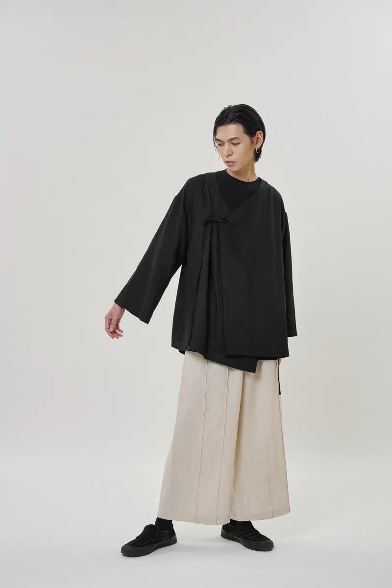 Linen Linen Hakama - กางเกงขายาว - ผ้าฝ้าย/ผ้าลินิน สีกากี