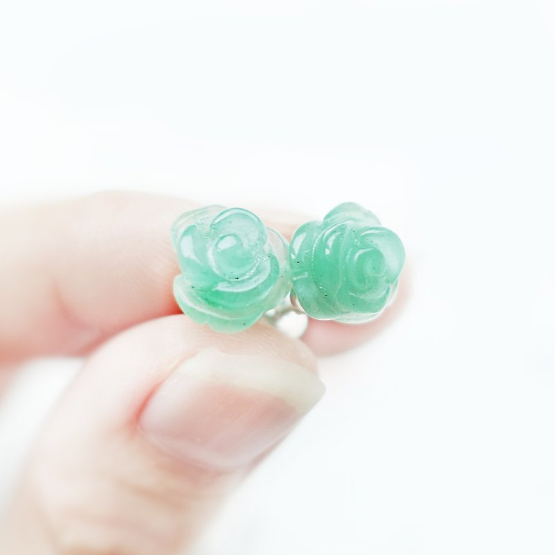 ROSE玫瑰-限量 東菱玉 手工 雕刻 天然石 純銀 耳環 - 耳環/耳夾 - 其他材質 綠色
