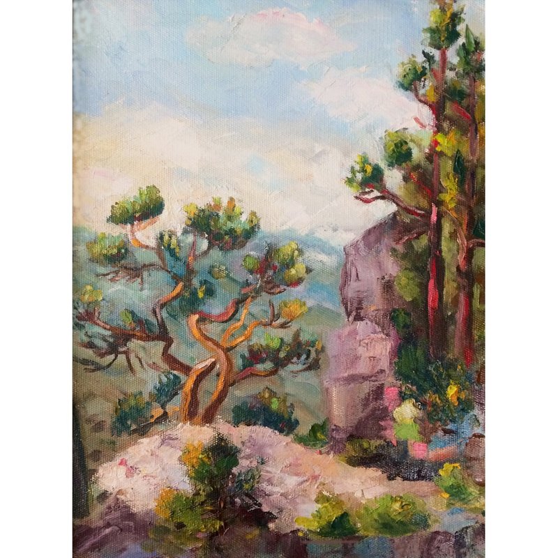 Pine Tree Painting Hand Painted Original Oil on Canvas, Mountain Landscape - โปสเตอร์ - ผ้าฝ้าย/ผ้าลินิน 