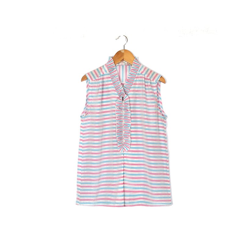 [Egg plant ancient] pink candy stripes printed sleeveless ancient shirt - Women's Shirts - Polyester Pink