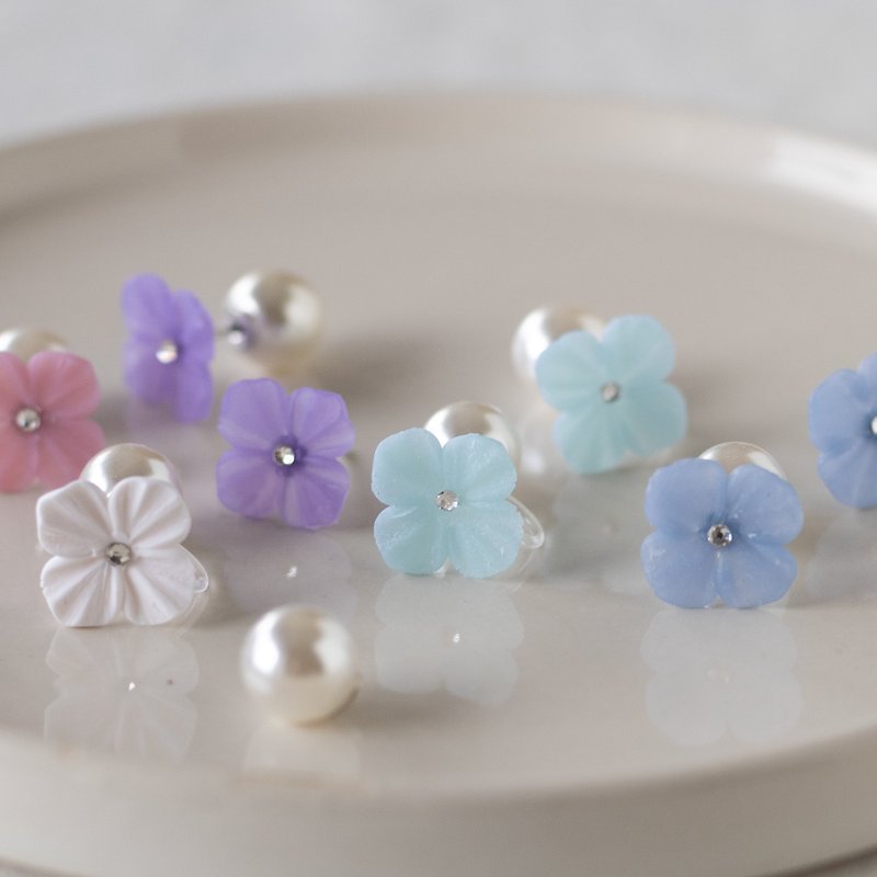 [Choice of Combination] Hydrangea and Pearl Back Clip-On - Earrings & Clip-ons - Clay Multicolor