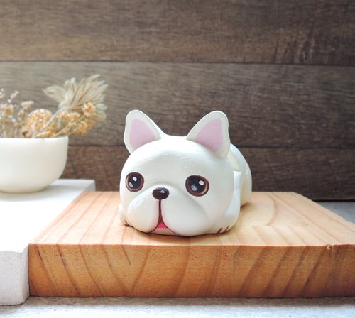 巧物ciaowo 可愛法鬥犬 手機架 名片架 白法鬥 手工木製療癒小木雕公仔