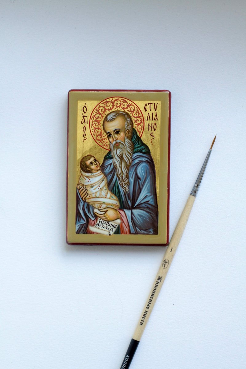 hand painted orthodox , wood icon of holy venerable saint Stylian religious art - 其他 - 木頭 紫色