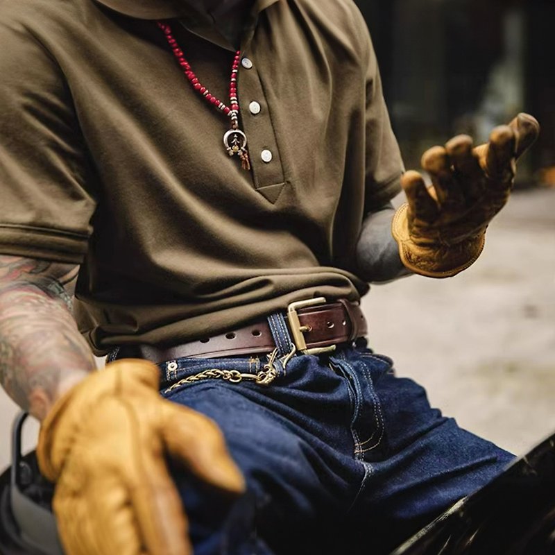 [Free English Engraving] Retro Men's Genuine Leather Belt Copper Buckle Full Layer Cowhide Belt Casual Jeans Belt - เข็มขัด - หนังแท้ 