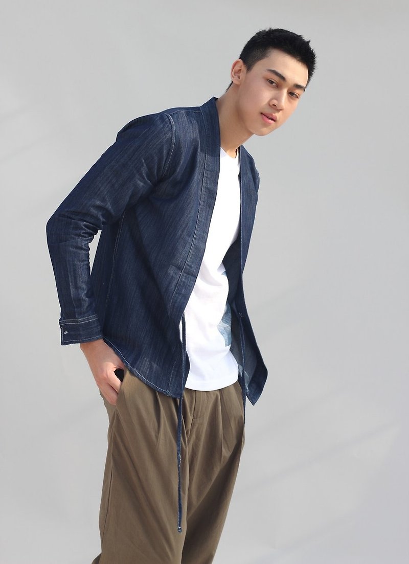 Noragi Kimono Shirt - Men's Coats & Jackets - Cotton & Hemp Blue