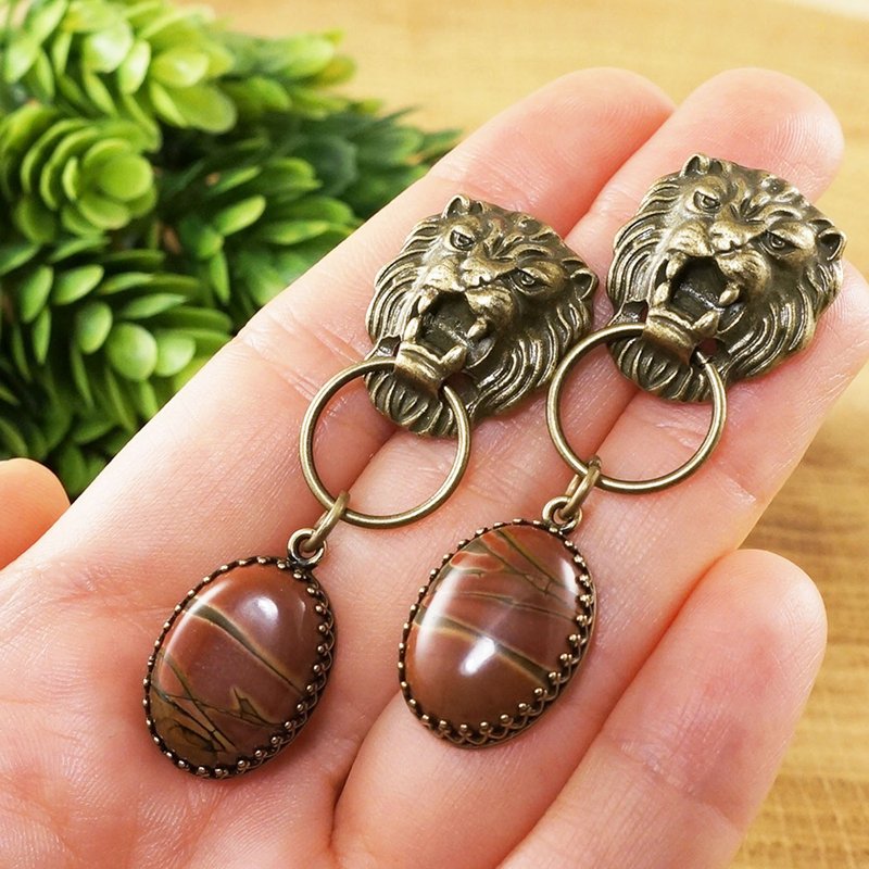 Lion Head Picasso Red Jasper Leo Large Long Bronze Terracotta Earrings Jewelry - 耳環/耳夾/耳骨夾 - 半寶石 紅色