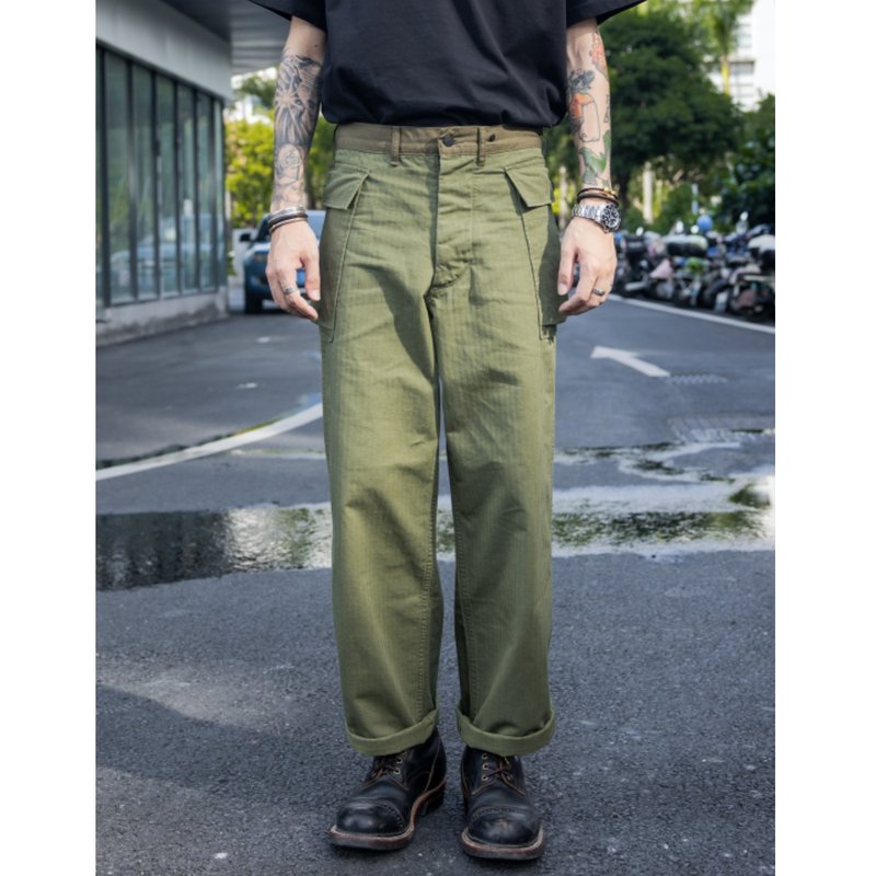 M43陸軍HBT野戰軍褲 工裝長褲 人字紋 魚骨紋 橄欖綠 美軍公發 - 男長褲/休閒褲 - 棉．麻 綠色