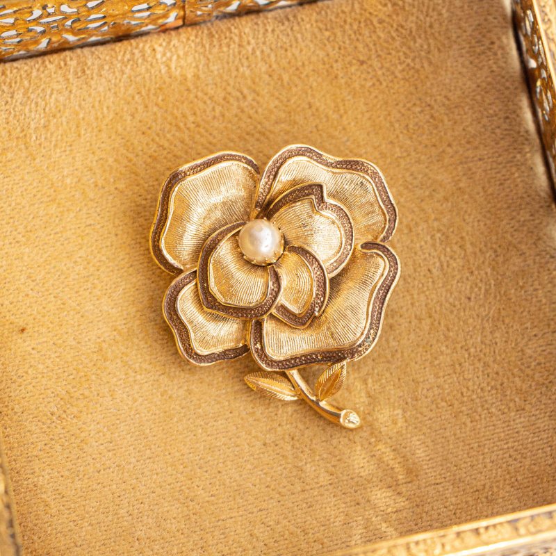 美國古董 大立體花刷紋彩繪邊鑲仿珍珠 鍍金兩用胸針墜飾 - 胸針 - 其他金屬 金色