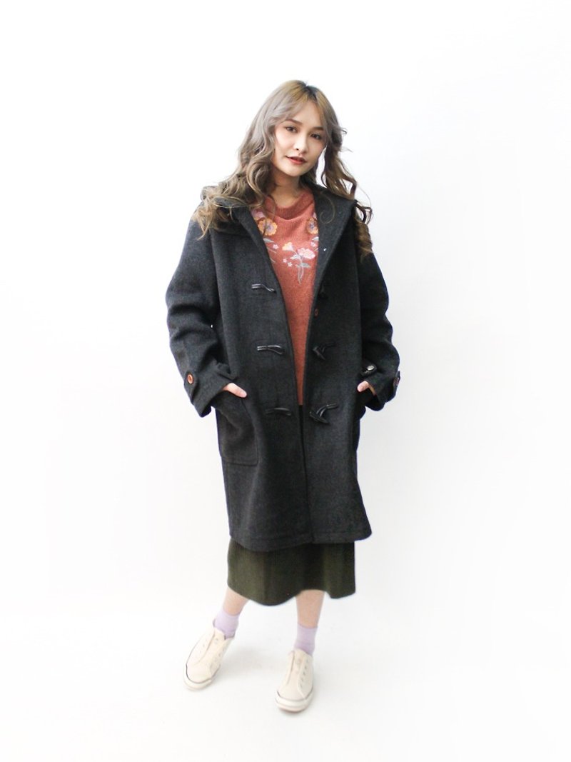 [RE1115C445] Autumn and winter college style pattern grain wool gray hooded vintage button coat coat - เสื้อฮู้ด - ขนแกะ สีดำ