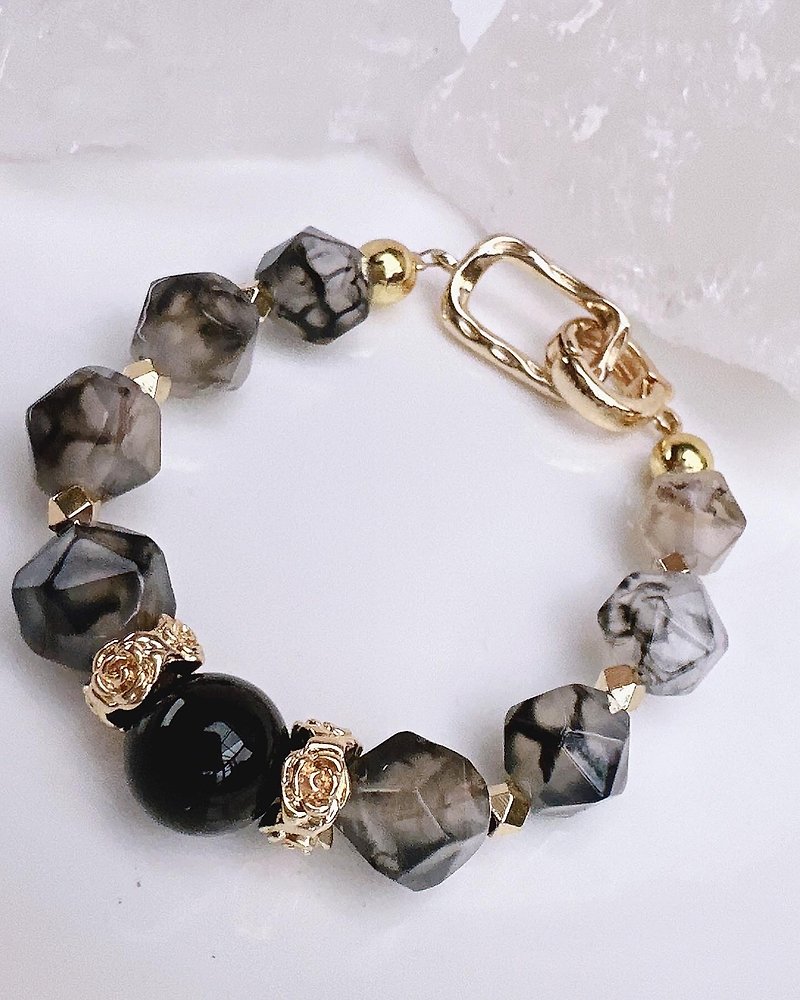 C&W natural large faceted super high quality ink agate obsidian 14k bracelet bracelet - Bracelets - Jade Gold