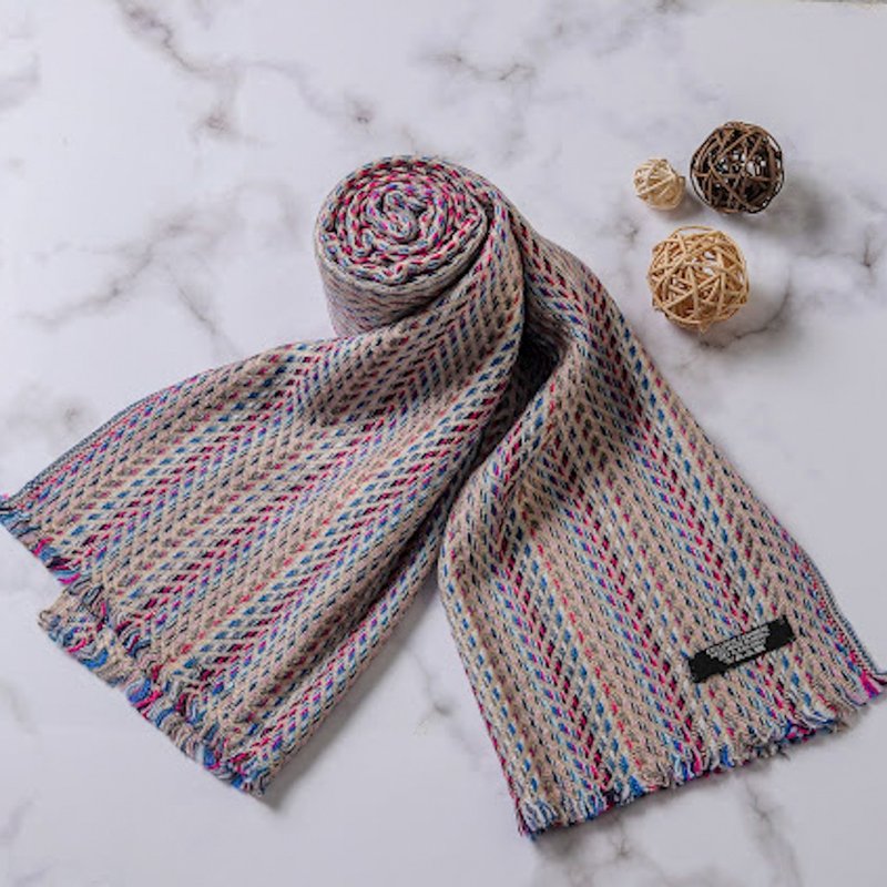 [Narrow version] Cashmere wool scarf neon striped beige mountain pattern neck scarf hand-woven - Knit Scarves & Wraps - Wool 