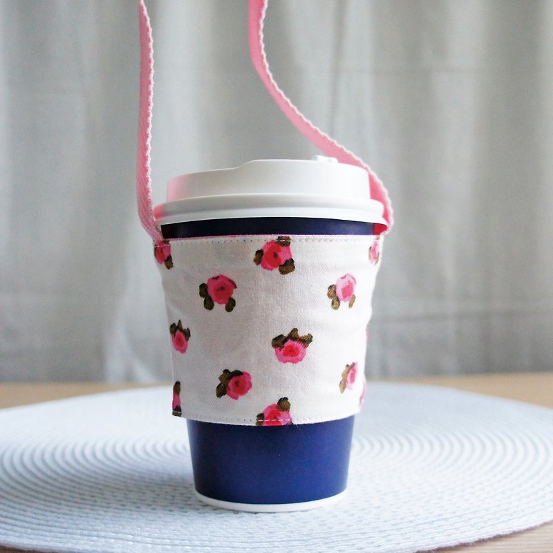 Lovely watercolor small rose beverage cup bag, bag, eco-friendly cup holder, beverage cup holder [white background] - ถุงใส่กระติกนำ้ - ผ้าฝ้าย/ผ้าลินิน ขาว