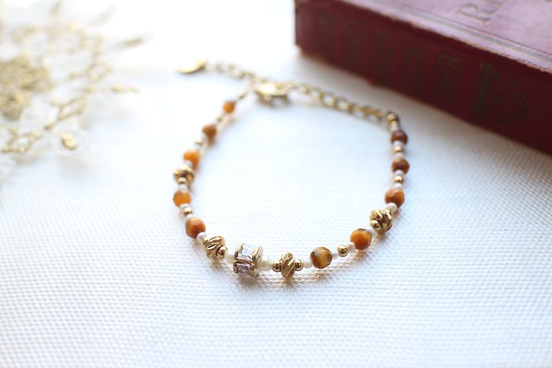 Golden rain-Tigerite/zircon/pearl/brass handmade bracelet - Bracelets - Other Metals 