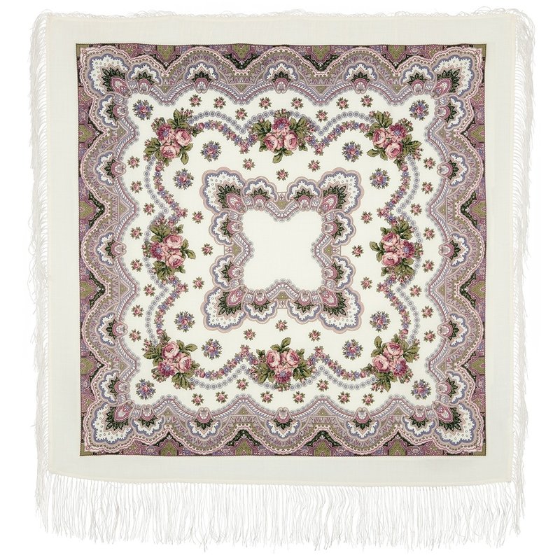 Pavlovo Posad Russian Shawl 100% Wool Scarf 125x125 cm Wrap Silk Fringe 527-1 - Scarves - Wool White