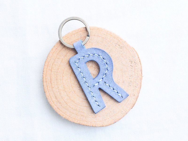 Initial R letter keychain - ash leather group well stitched leather material bag key ring Italy - Leather Goods - Genuine Leather Blue