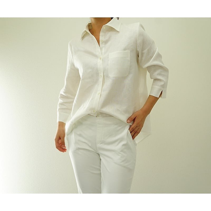 【wafu】Belgian linen 100% Cutaway t-shirt / white b26-1 - シャツ・ブラウス - コットン・麻 ホワイト