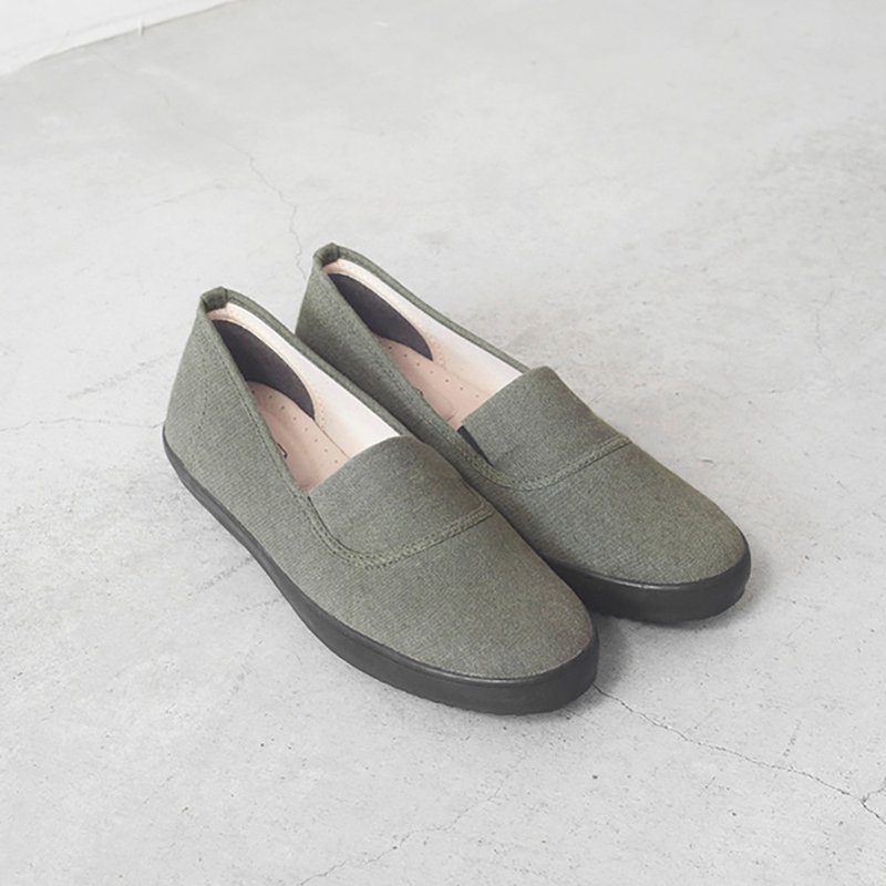 Slip-on casual shoes Flat Sneakers with Japanese fabrics Leather insole - รองเท้าลำลองผู้หญิง - ผ้าฝ้าย/ผ้าลินิน สีเขียว