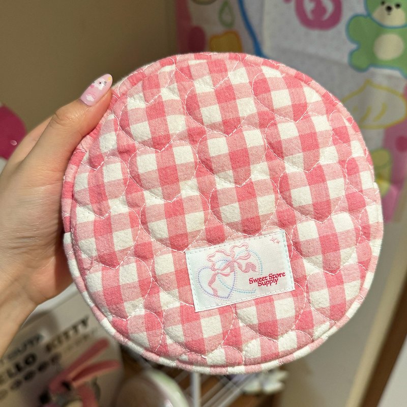 Sweetstore Supply Rose Pink Grid Cute, Simple, Fresh Storage Round Cake Bag - Toiletry Bags & Pouches - Cotton & Hemp Multicolor