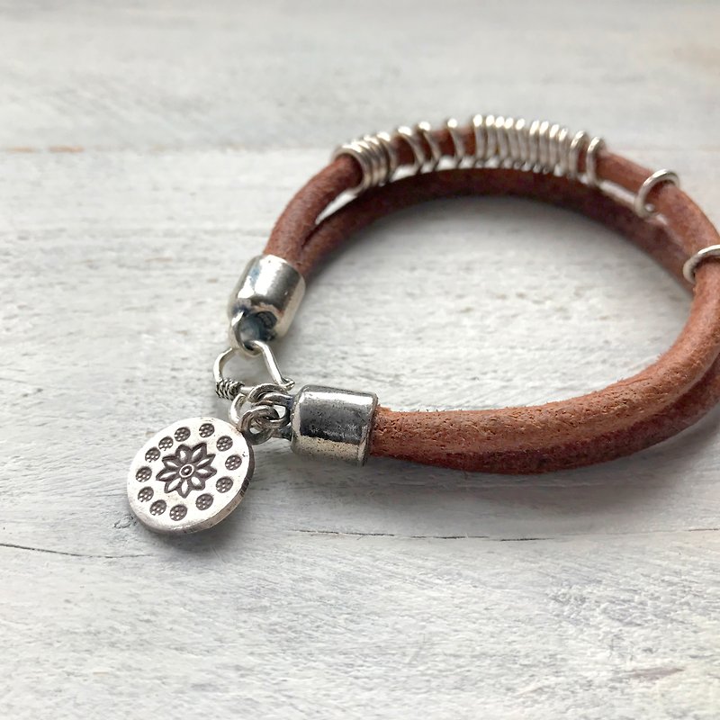 Leather & Silver Series Sterling Silver / Leather Bracelet Customized Item - Bracelets - Genuine Leather Brown