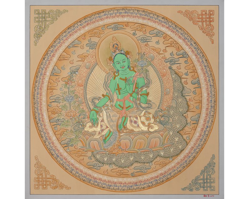 手工綠度母曼陀羅唐卡 — 慈悲能量的神聖真言藝術 - 壁貼/牆壁裝飾 - 其他材質 