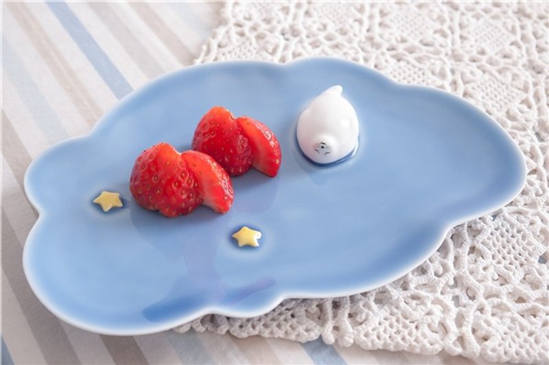 Three shallow ceramic | Original glutinous rice dumpling (Azure) and dessert saucer pure hand-painted creative birthday gift - Mugs - Porcelain 