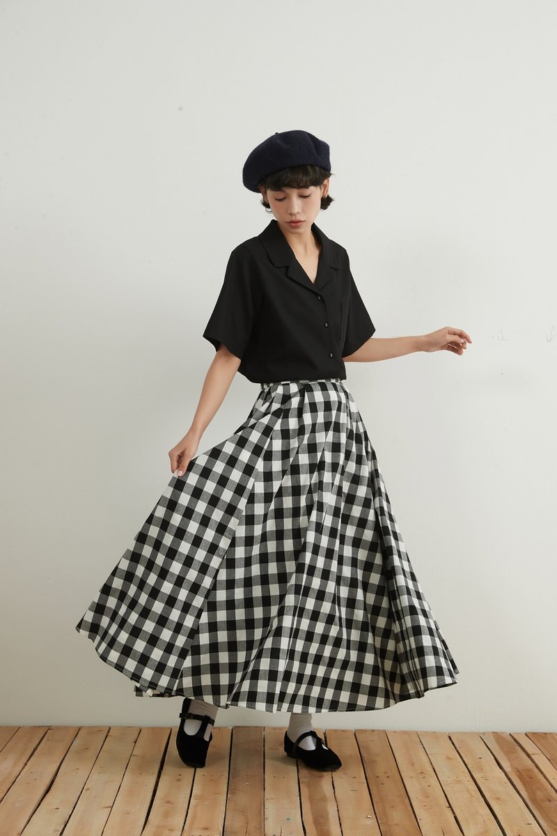 Black and white gingham check maxi skirt 100 cotton flared long skirt 100 cotton - Skirts - Cotton & Hemp Black