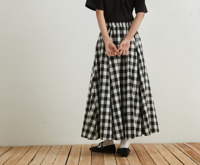 Black and white gingham check maxi skirt 100 cotton flared