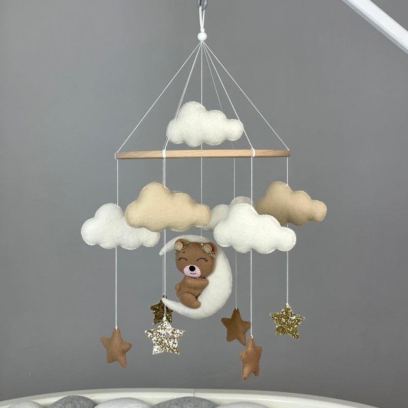 Crib mobile for nursery Bear baby mobile Neutral crib mobile Felt hanging mobile - 寶寶/兒童玩具/玩偶 - 其他材質 咖啡色