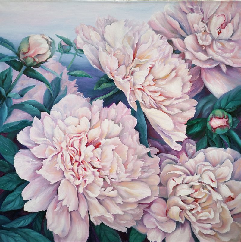 White Peony Oil Painting Original Wall Art on Canvas 70x70cm - 海報/掛畫/掛布 - 棉．麻 