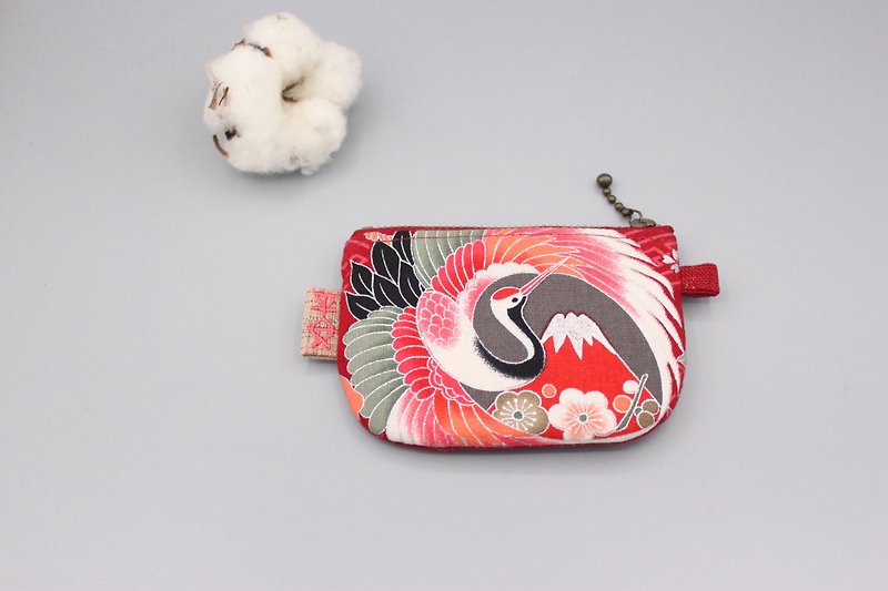 One piece in stock-Ping An coin purse-flamingo spreading wings, double-sided two-color Japanese cotton and linen bag, large and small seal - กระเป๋าใส่เหรียญ - วัสดุอื่นๆ สีแดง