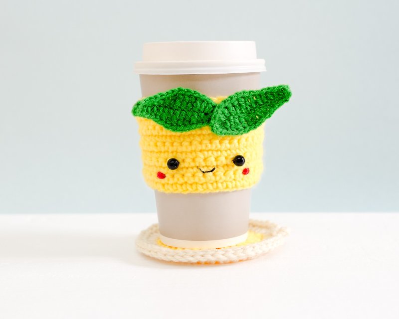 Crochet Cozy Cup with Coaster - The Yellow Lemon. - Mugs - Acrylic Yellow