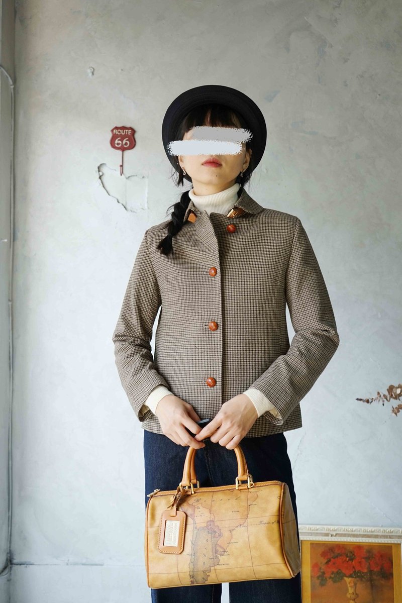 尋寶古著-日本製卡其棕千鳥格短版毛料翻領外套 - 女裝外套/大衣 - 羊毛 卡其色