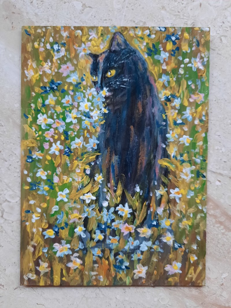 Black cat mini acrylic painting, flowers cute kitty handmade art, bithday gift - ตกแต่งผนัง - วัสดุอีโค หลากหลายสี