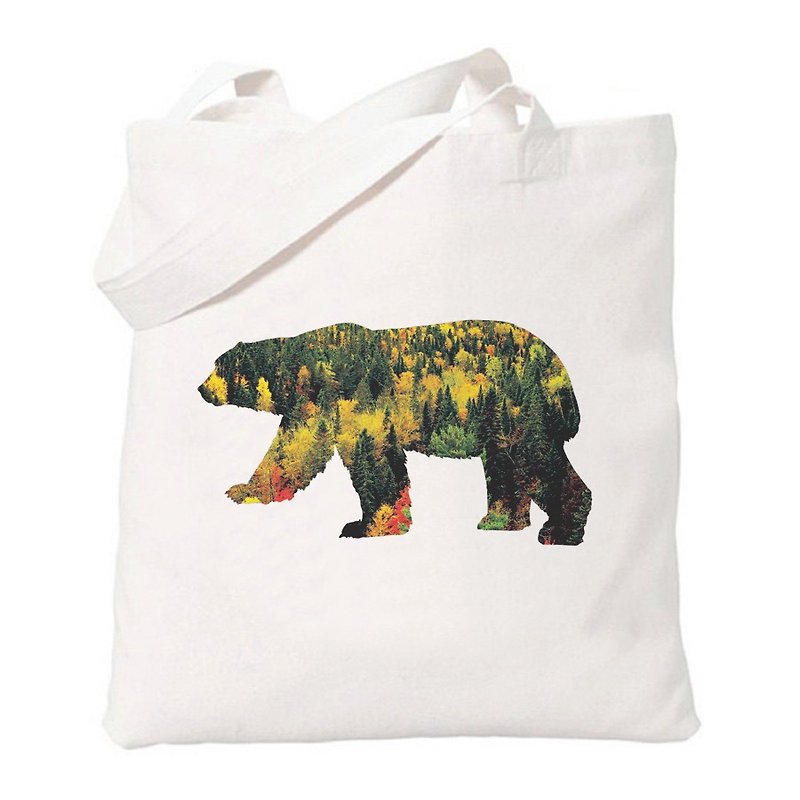 Bear-Forest熊 森林 文青 簡約 原創 清新 帆布 文藝 環保 肩背 手提包 購物袋-米白色 - 側背包/斜孭袋 - 其他材質 白色