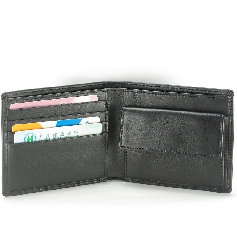 Yazang men's short clip leather wallet 4 card coin purse black/brown paid custom lettering service - กระเป๋าสตางค์ - หนังแท้ สีดำ