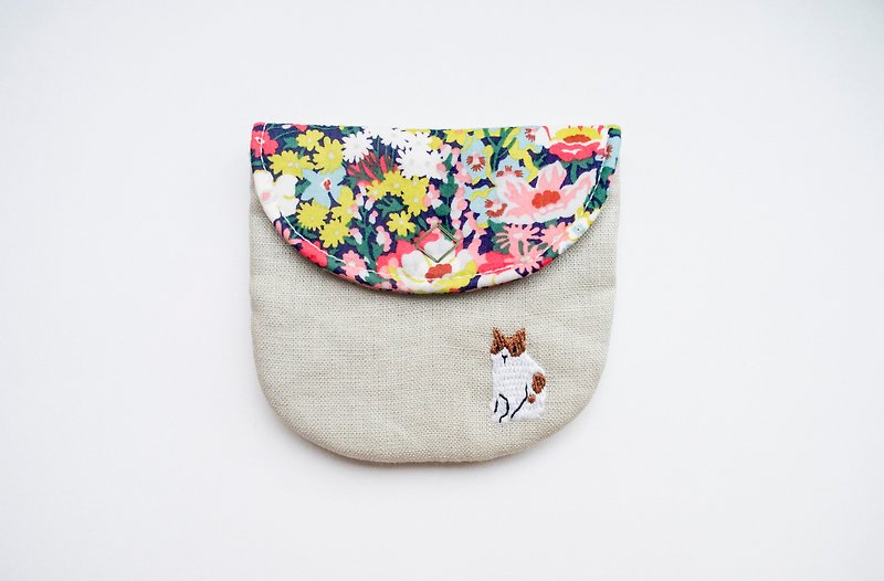 貓 Cat Embroidered Liberty Print Wee Pouch - กระเป๋าใส่เหรียญ - ผ้าฝ้าย/ผ้าลินิน หลากหลายสี