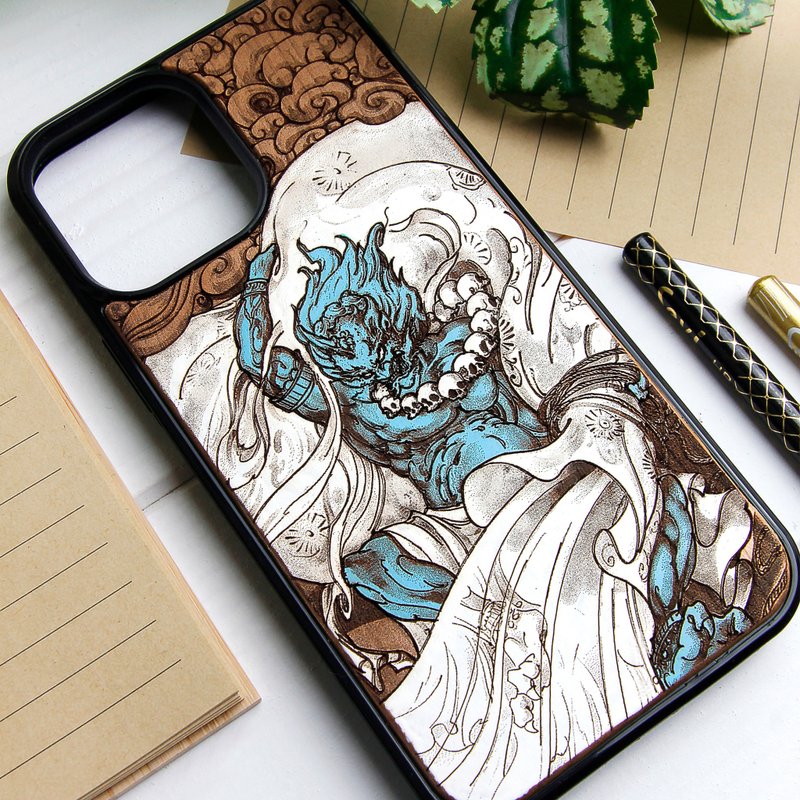 Fujin God of the Wind - Phone case wood laser engraved + hand painting - 手機殼/手機套 - 木頭 咖啡色