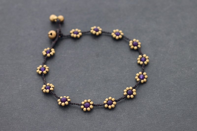 Beads Anklets  Amethyst Stone Daisy Brass Braided Ankle Bracelets - Anklets & Ankle Bracelets - Stone Purple