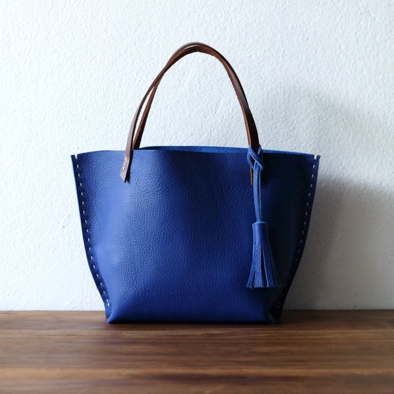 Tiny Bright Blue Tote Bag / Small Handmade Blue Handbag - 手提包/手提袋 - 真皮 藍色
