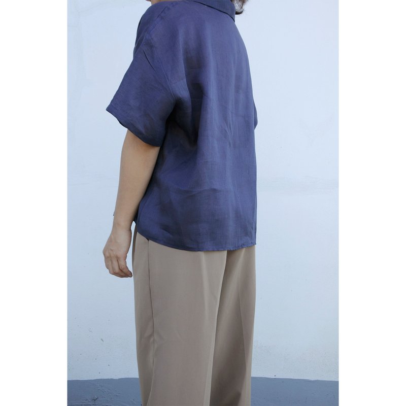 Linen | Shirt, open collar, dark blue - Women's Shirts - Cotton & Hemp Blue