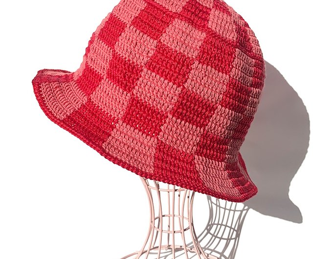 クロシェハット】RED×PINK ブロックチェック バケットハット