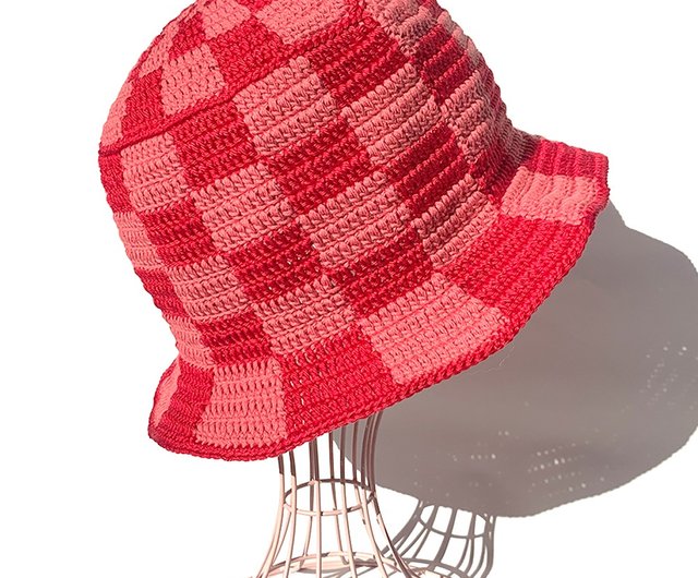 シュプリーム モヘアバケットハット クロチェット　ワインレッド　赤 クロシェハット】RED×PINK ブロックチェック バケットハット