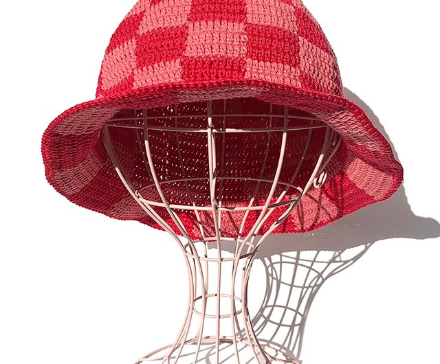 クロシェハット】RED×PINK ブロックチェック バケットハット