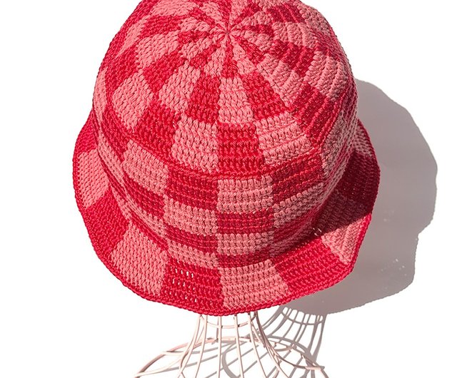 クロシェハット】RED×PINK ブロックチェック バケットハット