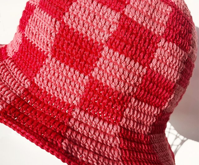 クロシェハット】RED×PINK ブロックチェック バケットハット