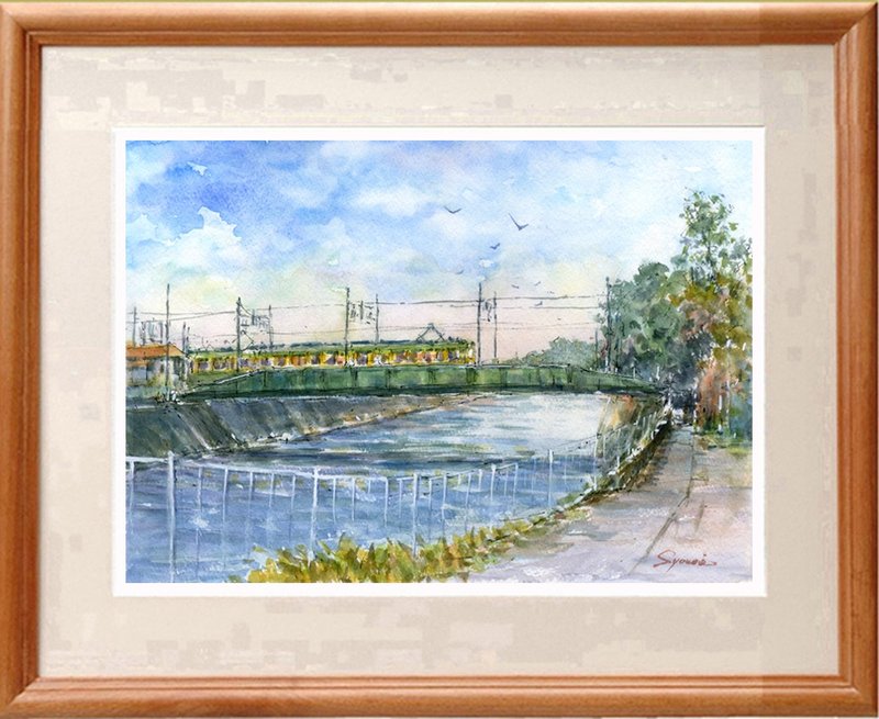 Original watercolor painting Crossing the Enoden/Sakaigawa Railway Bridge - Posters - Paper Blue